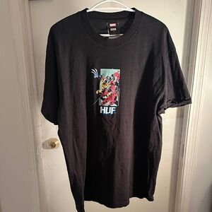 HUF Black Tee with Colorful Graphic Wolverine x deadpool